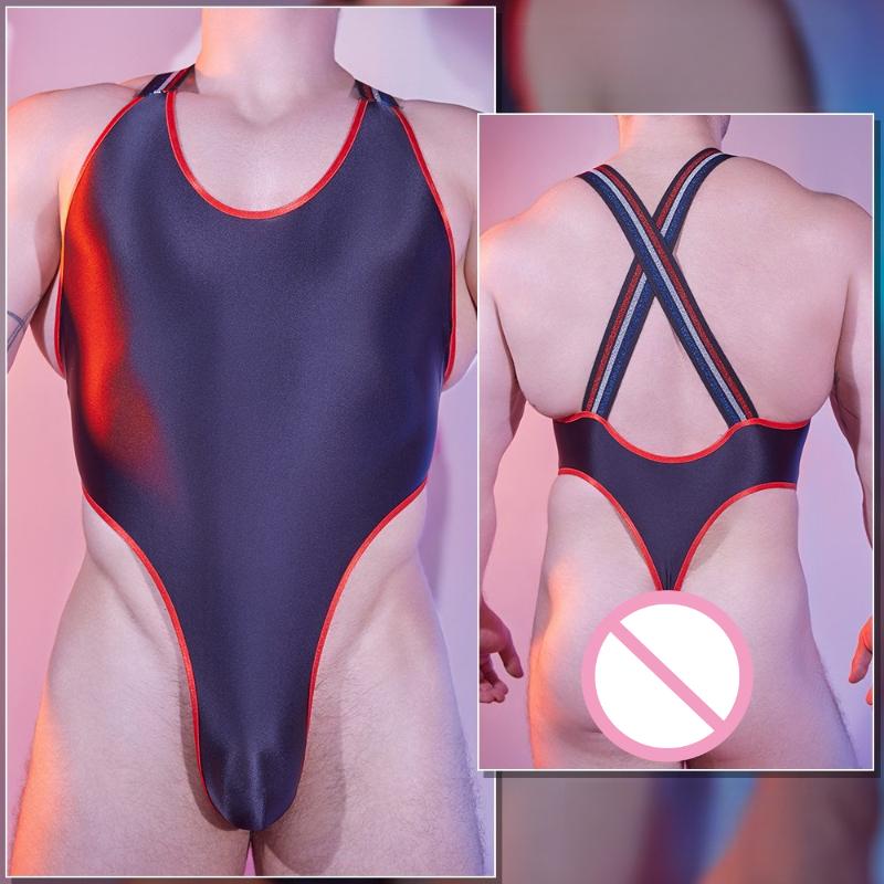 Men'S Sexy Bodysuit Oil Shiny Glossy Open-Crotch Underwear High Elastic Smooth Temptation See-Through Swimsuit Exotic Lingerie