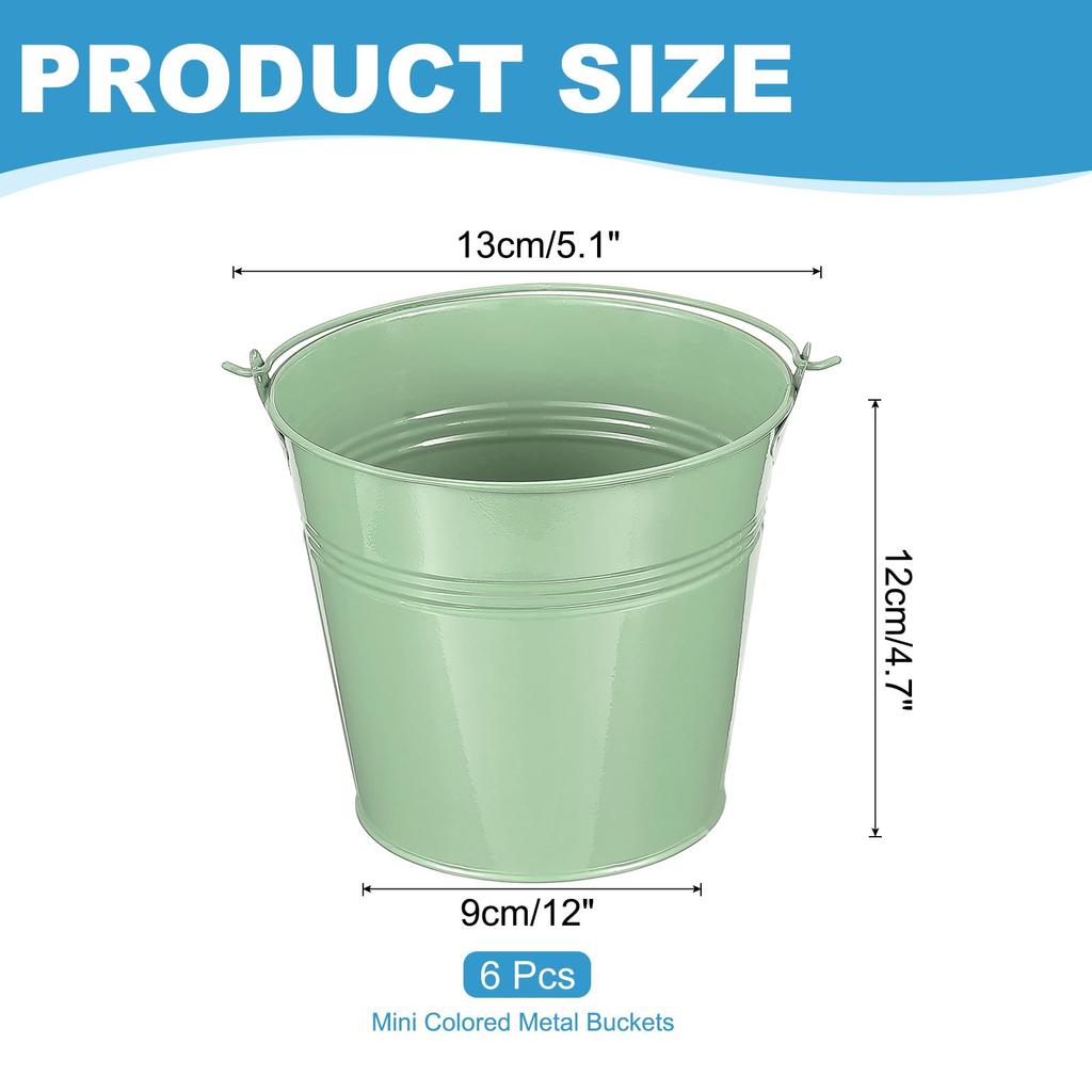 PATIKIL Small Metal Buckets with 6pcs Mini Galvanized Buckets for Craft Party Souvenir Light Green 5.1"x4.7" Handles, Decoration,
