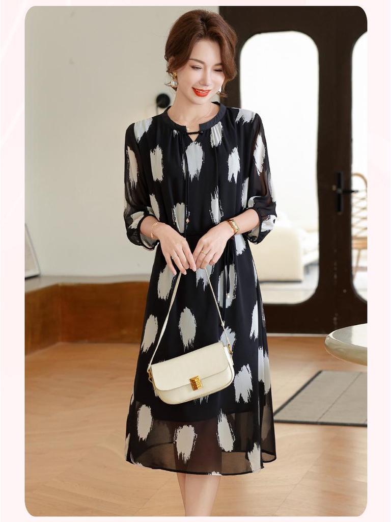 Summer Women's Short-Sleeved Chiffon Midi Dress with Meat-Print Design