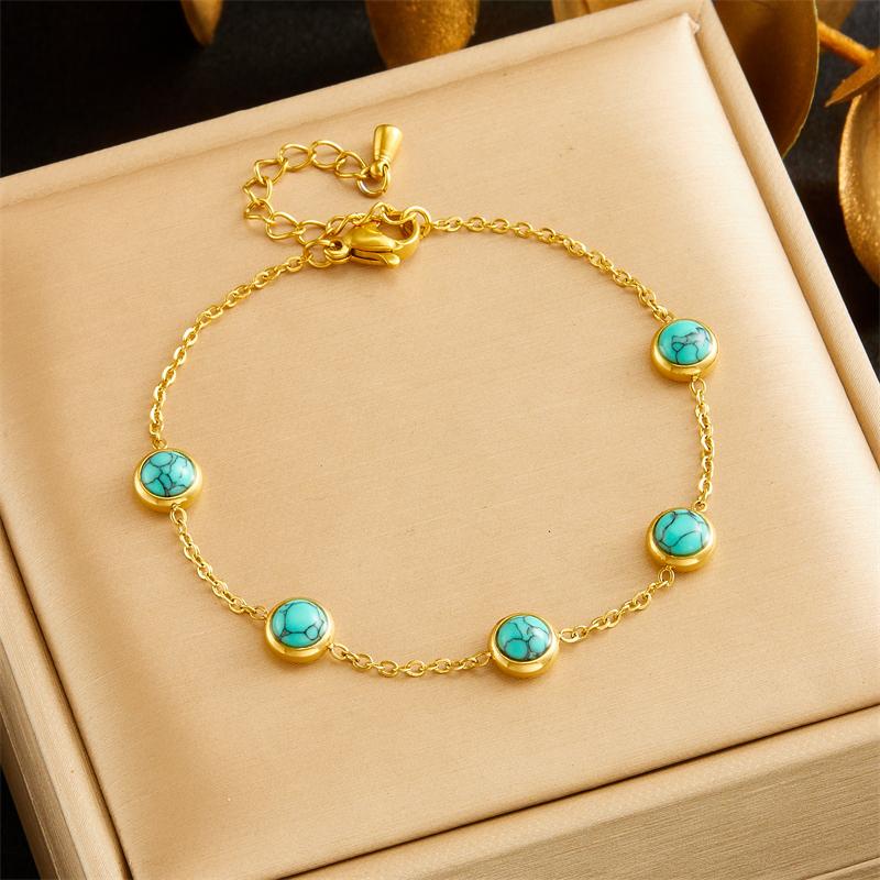 Stainless Steel Round Turquoise Necklace Bracelet Earrings Suit for Womens Jewelry Set