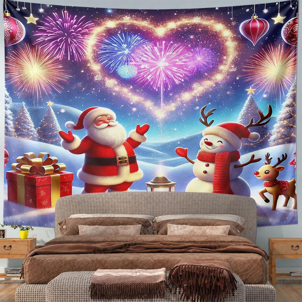 Santa, Snowman, and Fireworks Celebration Pattern Wall Hanging Tapestry Decorative Tapestry Home Decor for Bedroom and Living Room