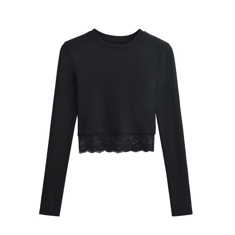 Retro Lace Hem Long Sleeve Spicy Girl Fitted Top