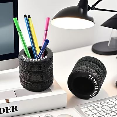 1/2pcs Fun Tire-Shaped Pen Holder - Durable Black PVC Desk Organizer , Ideal for School and Office Supplies, Desk Organizers