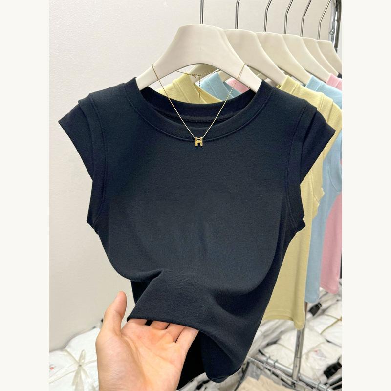Women Round Neck Cap Sleeve Ribbed T-shirt Summer Solid Color Slim Fit Modal Sleeveless Basic Tee Casual Top
