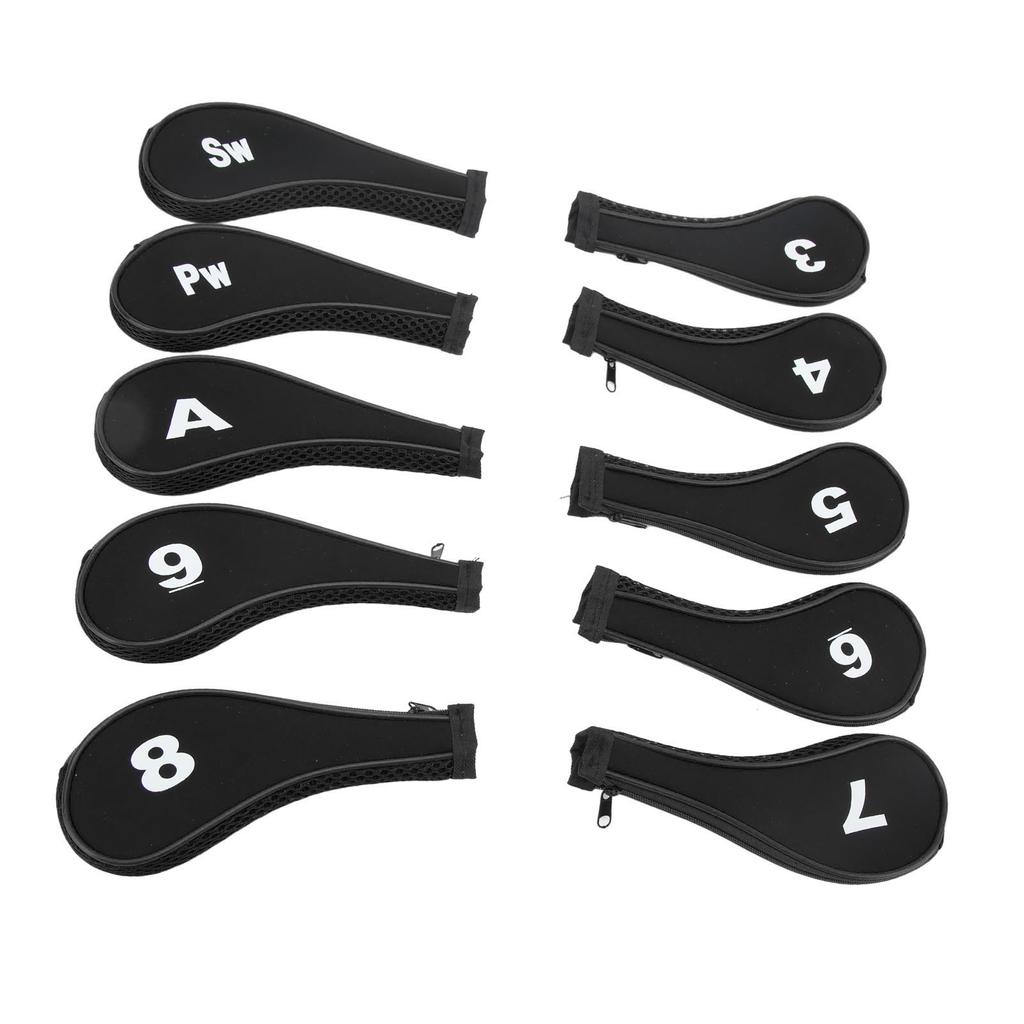10 PCS Golf Club Head Covers Golf Iron Pole Zipper Hat Cover Club Protective Covers Black