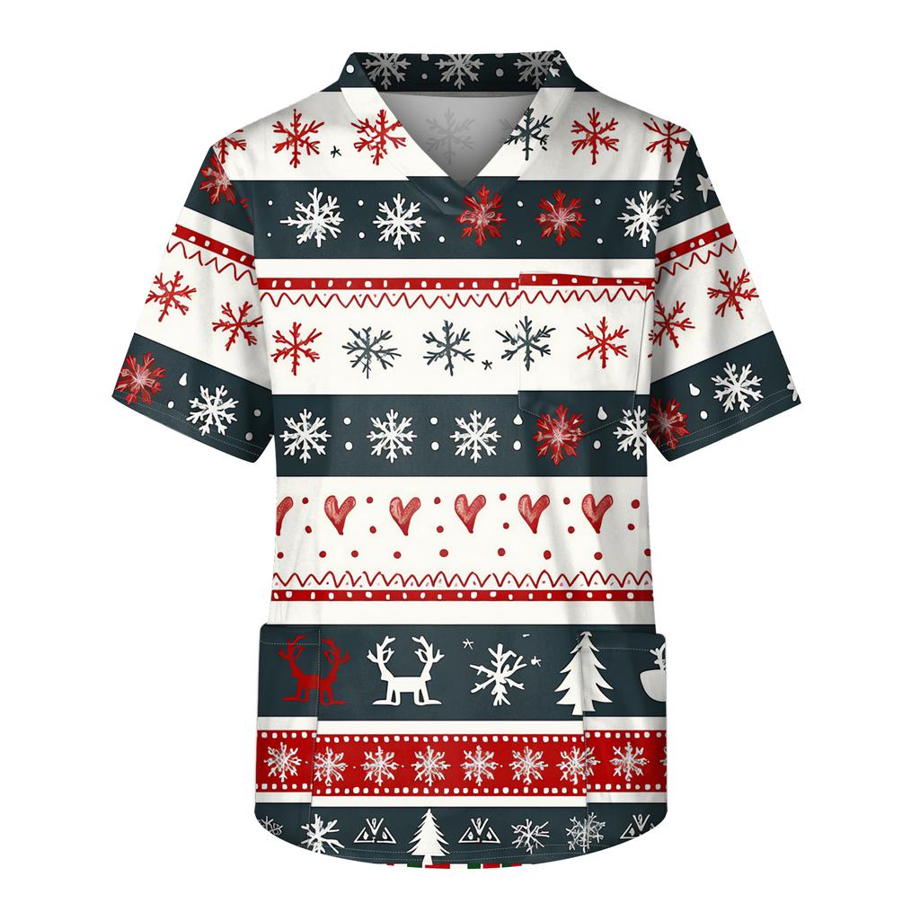 Men's Printing Short Sleeve V-neck Working Blouse Chest Pocket Carer Top