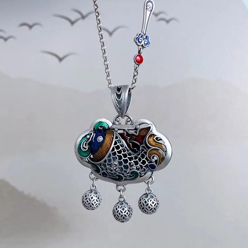 New In Classic   Carp Fish Lotus Tassel Necklace For Women Ethnic Style Blue Lotus Double Sided Pendant Jewelry Gift