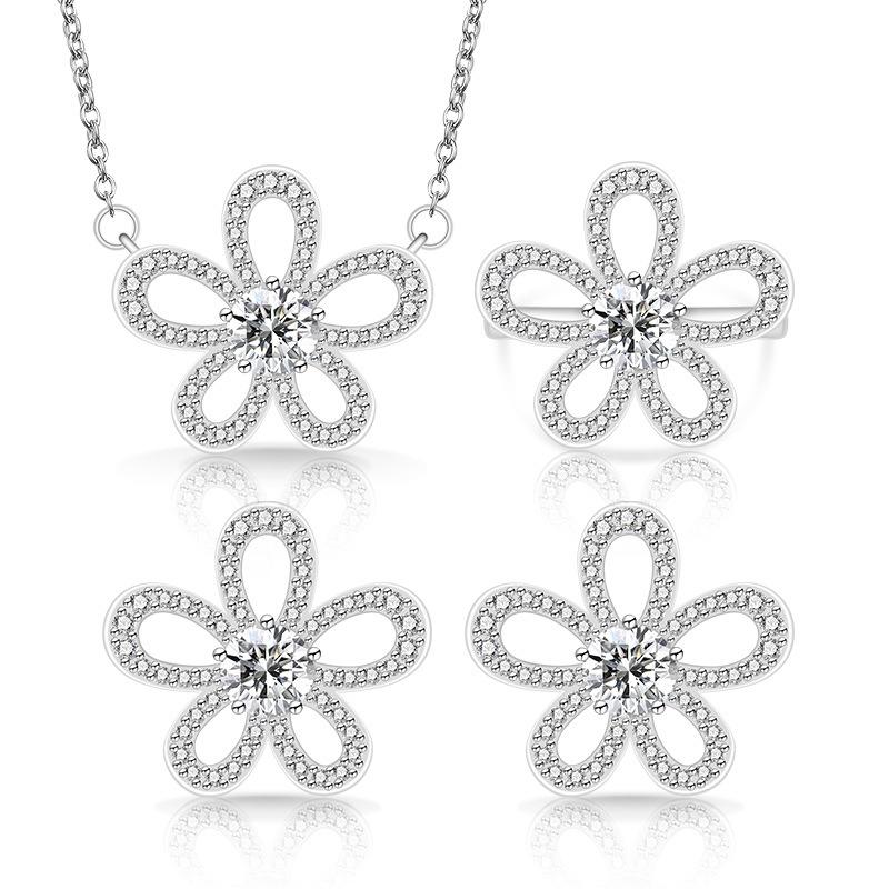2026 Light Luxury Full Diamond Five-petaled Flower Gem Pendant Ring Stud Earrings Three-piece Jewelry Set 45CM