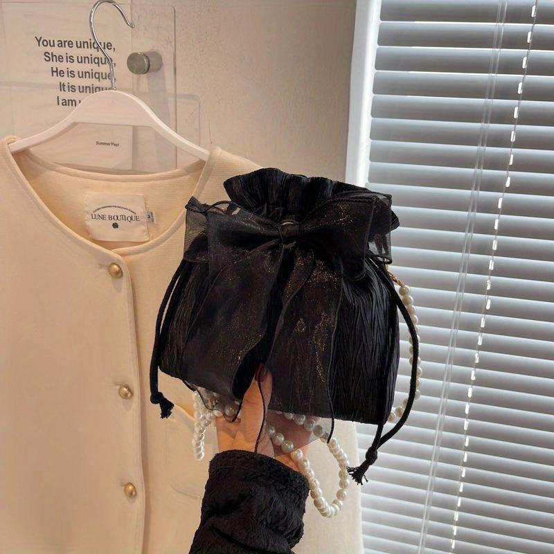 Chic Bowknot Canvas Crossbody Bag with Faux Pearl Chain - Versatile & Stylish Bucket Shoulder Purse for Women