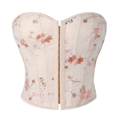 Pink Satin Floral Embroidered Strapless Corset Top Front Hook Boned Bustier for Women