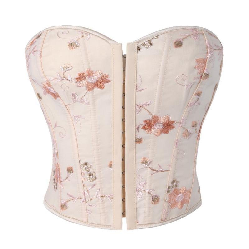 

Pink Satin Floral Embroidered Strapless Corset Top Front Hook Boned Bustier for Women S абрикосовый