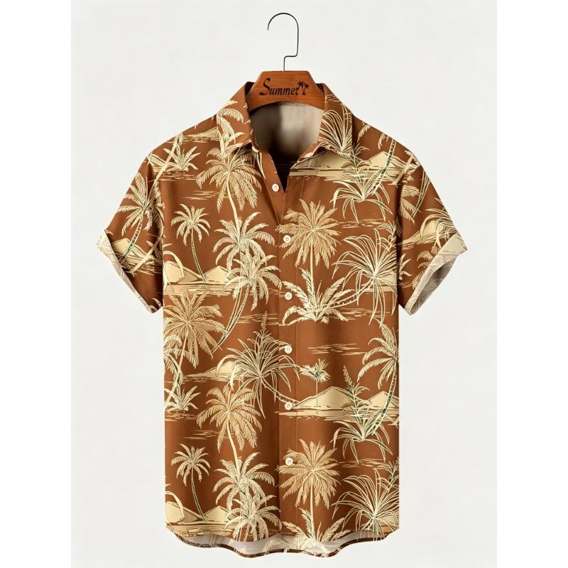 Men's Hawaiian Style Island Coconut Tree Short Sleeved Shirt with Full Print Collar Buttons, Beach Vacation Shirt