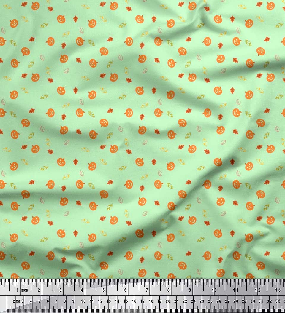 

Тканина Soimoi Japan Crepe Satin Leaves & Pumpkin Halloween Print Тканина на метри 42 дюйма 42 Inch Wide - Poly Crepe зелений