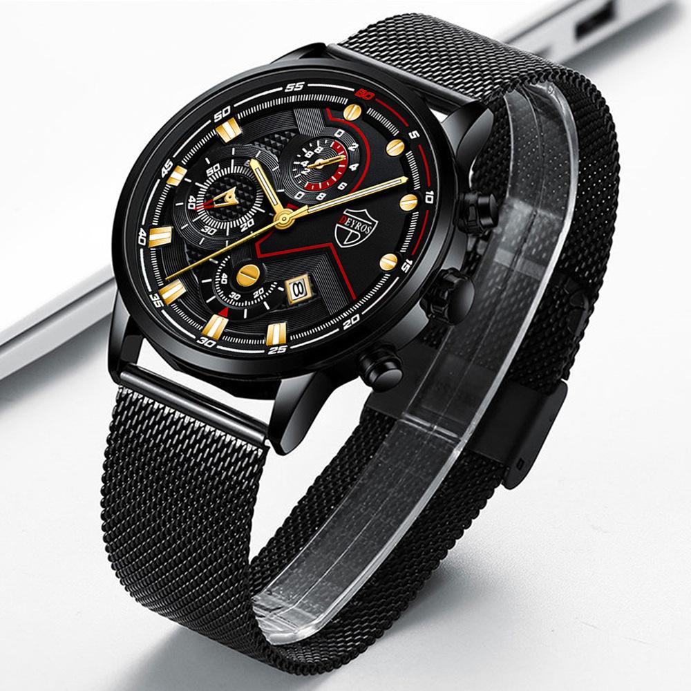 Men'S Stainless Steel Mesh Strap Watch Fashion Calendar Luminous Quartz Watch