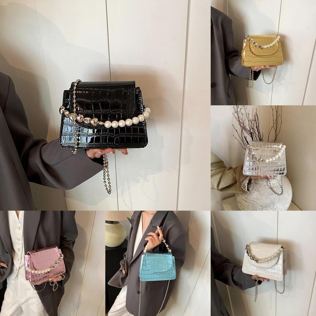 Pearl Simulated Fashion Decoration Crocodile Pattern Women Casual Square Bag