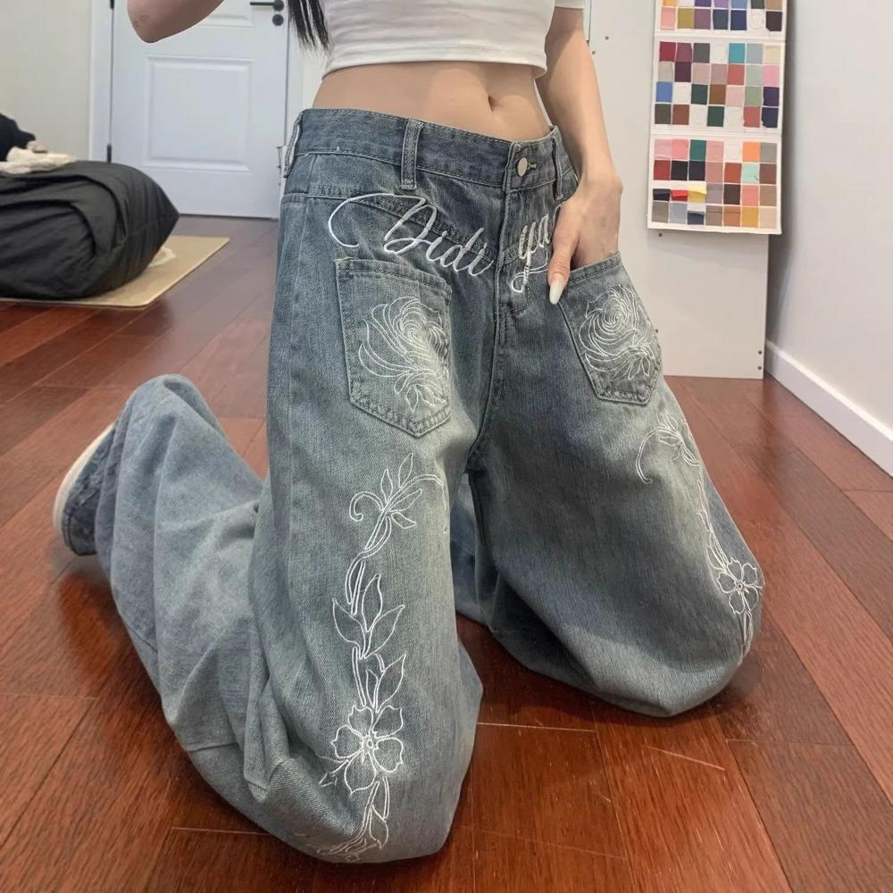 Women's High Waist Wide Leg Jeans Floral Embroidery Vintage Washed Non Stretch Floor Length Loose Denim Trousers For Spring