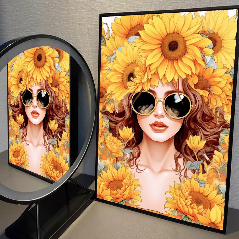 Nordic Bohemian Glasses Woman with Flowers Canvas Poster Bird Woman Portrait Wall Art Prints for Living Room Bedroom Home Decor