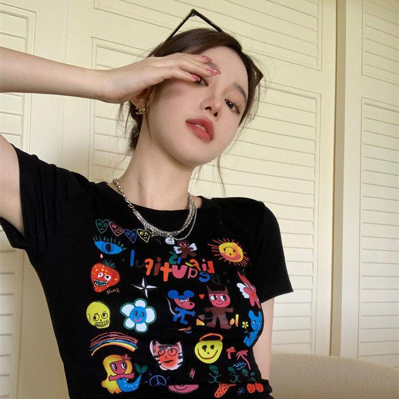 Women's Round Neck Short Sleeve Crop Top Slim Fit Korean Style Cartoon Graphic Print T Shirt 2026 Spring Casual Tee