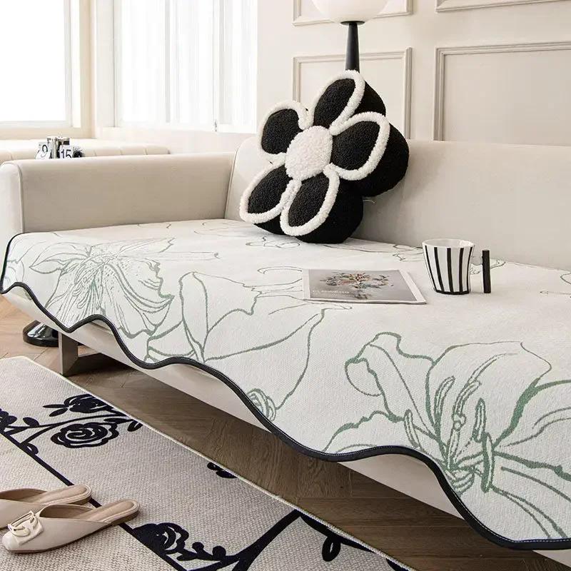 

Подушка для дивана с черной волнистой кромкой Чехол для дивана из синели Зимний печатный узор Обернутые диваны Полотенце Пыленепроницаемый Износостойкий 90x90cm 1pcs