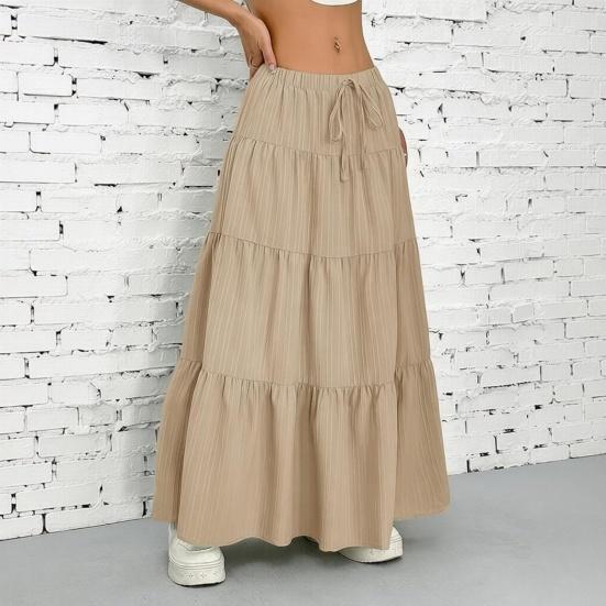 Women Long Skirt Spring Summer Middle Waist A Line Flowy Swing Skirt Breathable Solid Color Elastic Waist Drawstring Pleated Casual Skirt