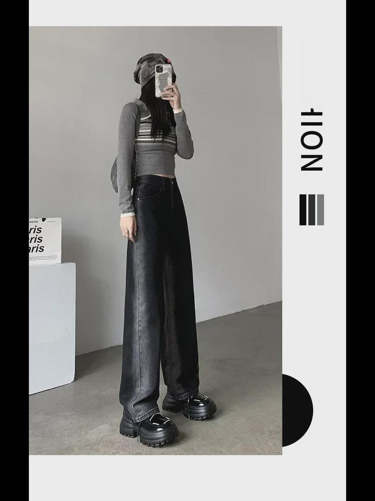 Gradient Black High-Waisted Wide-Leg Jeans for Women - Autumn/Winter Style with Contrasting Colors and Loose, Floor-Length Fit