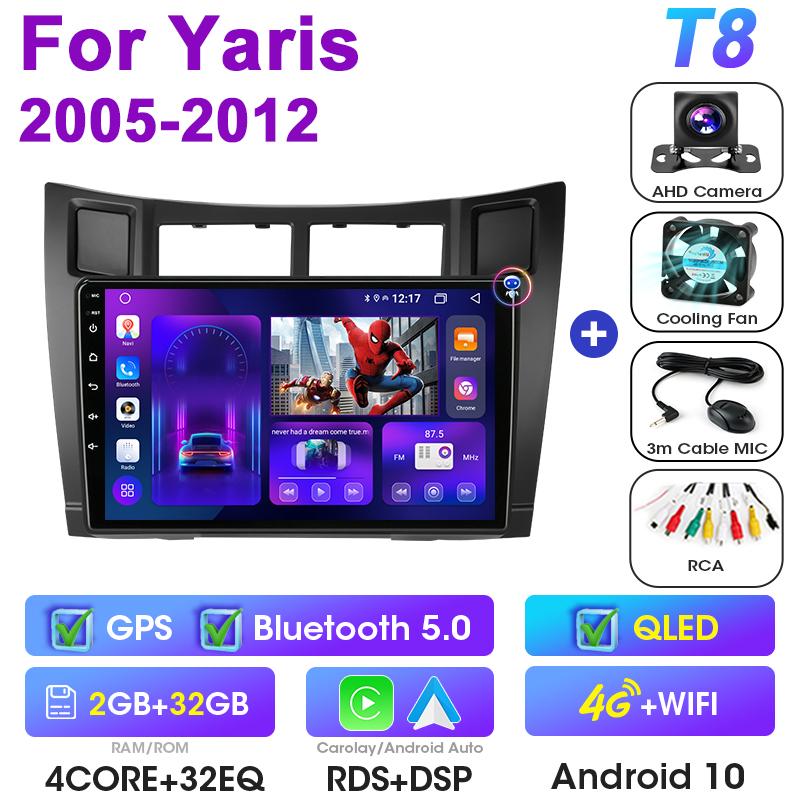 2 Din Android 12 Car Radio For Yaris 2005 - 2012 Multimedia Video Player Navigation GPS 4G Carplay Stereo QLED DVD RDS Head Unit