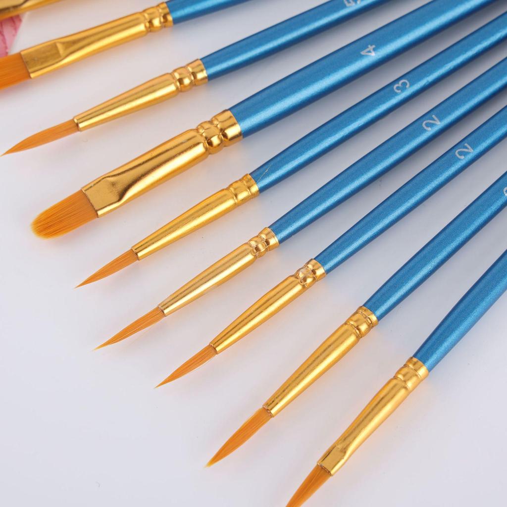 10-Piece Art Brush Set: Pearlescent Blue Chalk & Watercolor Tempera Acrylic Oil Paintbrushes