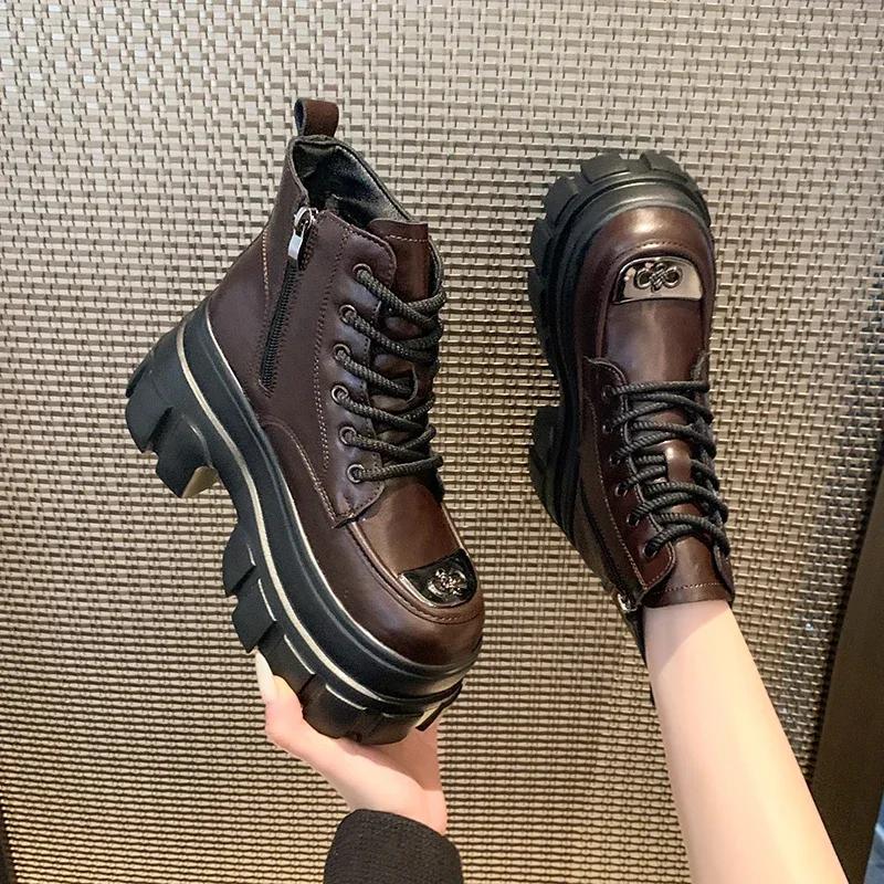 Modă 9CM Femei Piele Botine Gleznă Nou 2024 Toamnă Iarnă Pluș Cald Tocuri Pană Botine Groase Cizme Motociclete Fermoar Negru Pantofi Blană