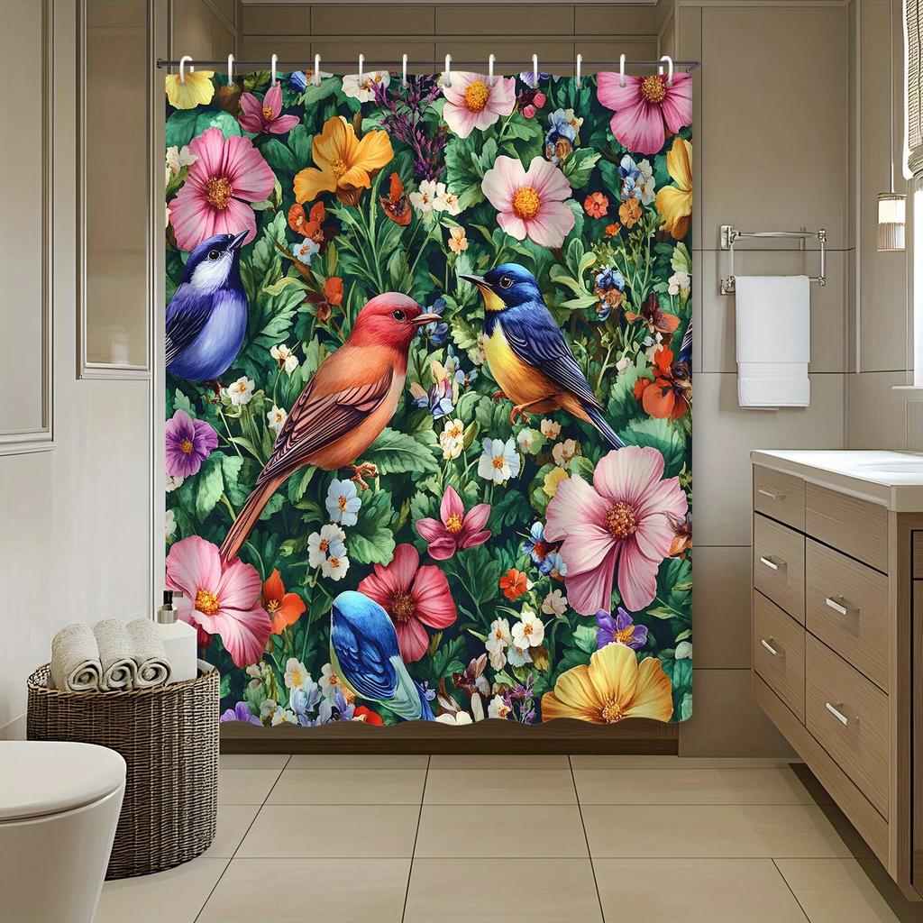 1pc Modern Garden Flowers Plants Animal Magpie Bird Shower Curtain, 12 Hooks Bath Shower Curtain, Bathroom Decor