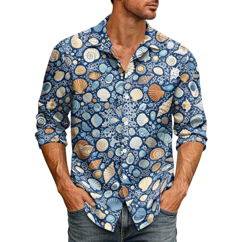 Men's Loose Fit Long Sleeve Shirt Hawaiian Style Button Down Collar Casual Vintage Shirt Suitable for Spring and Autumn Wear