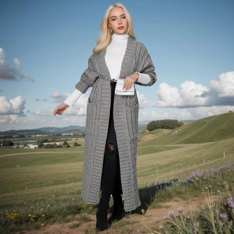 

Открытый передний кардиган с косами, длинный кардиган для женщин с длинным рукавом, свободный, модный, повседневный, открытый кардиган, трикотаж, однотонный XS серый