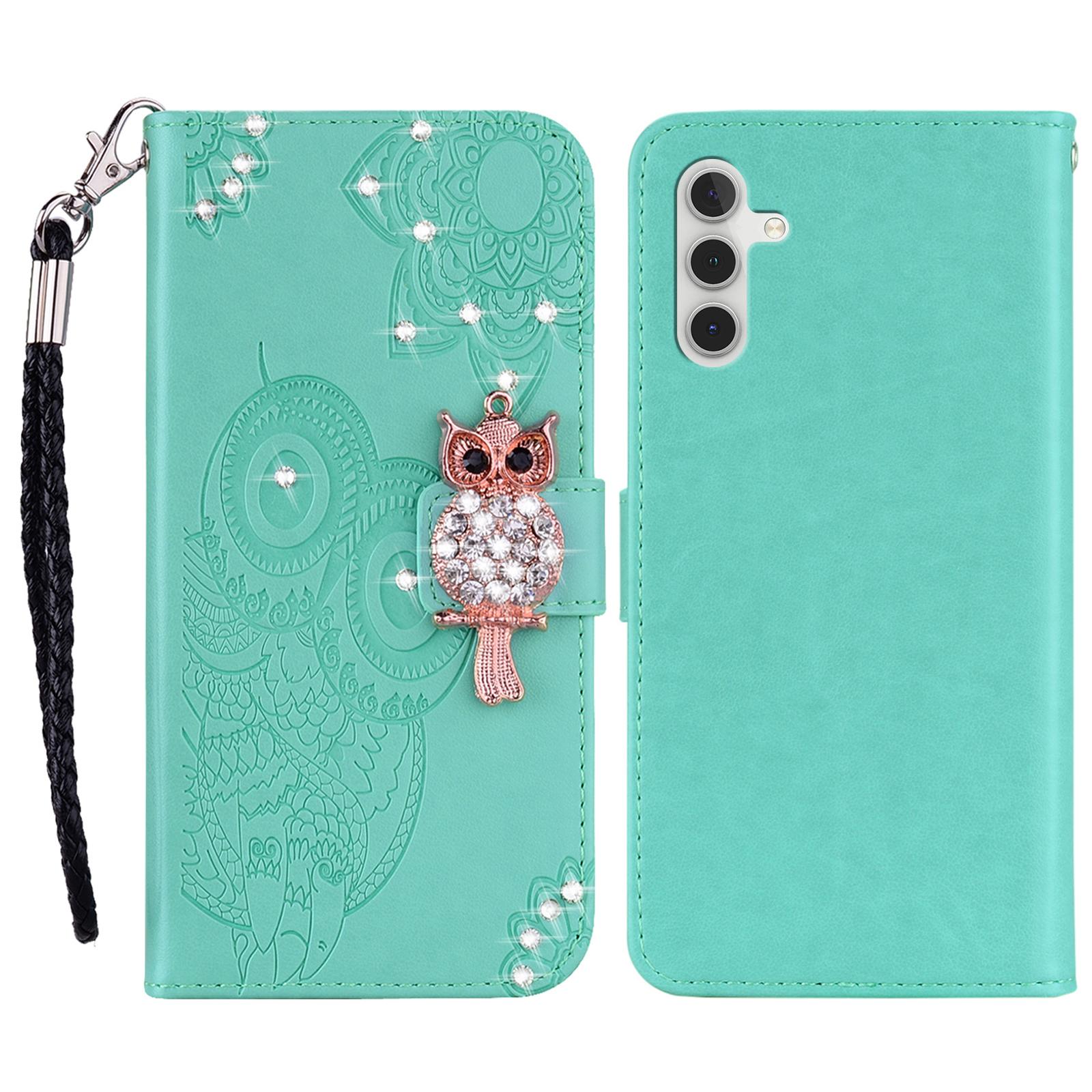 

For Samsung Galaxy A54 5G Rhinestone Phone Cover Imprinted Owl Flower Leather Case with Stand Wallet Cyan