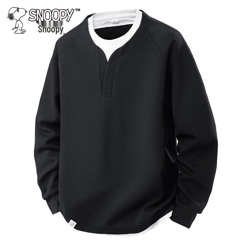 SNOOPY Men's Waffle Knit Faux Two-Piece Crewneck Sweatshirt