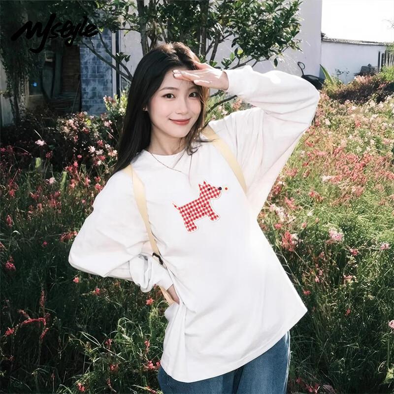 MJ STYLE Women s Plaid Puppy Print Long Sleeve T-Shirt 2XL