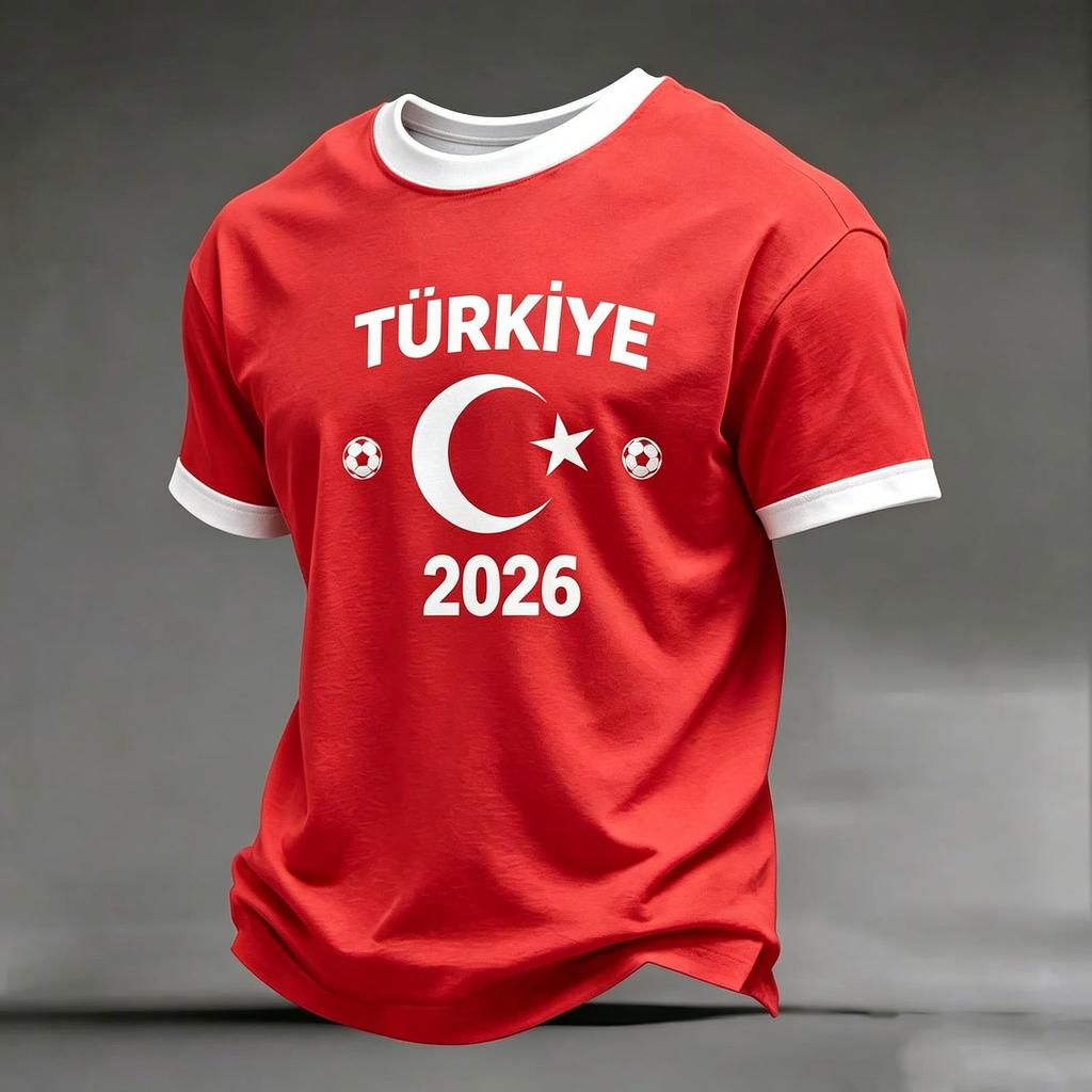 Men's Casual Crew Neck Short Sleeve Pullover T-Shirt Football Print World Cup Fan Apparel Turkey 2026 Supporter Top