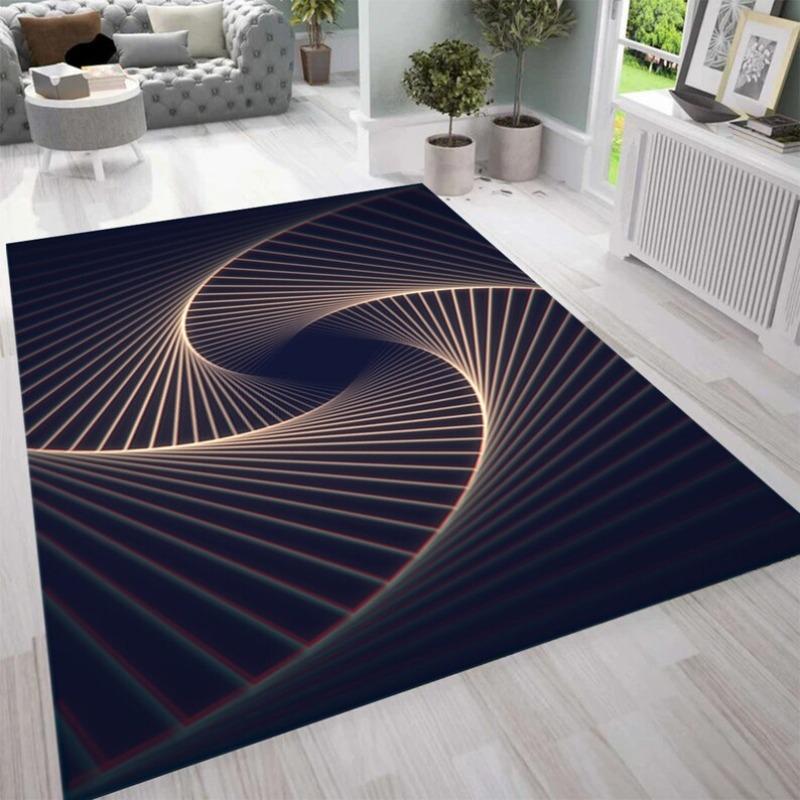 3D Vortex Carpet, Spiraling Gold Line On Sapphire Blue Background Rug, Reflective Illusion Floor Mat for Statement Interiors