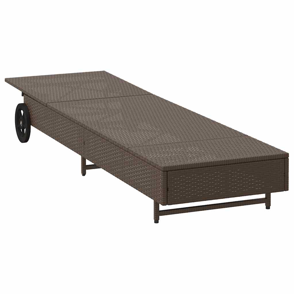 Sun Lounger with Wheels and Cushion Brown Poly Rattan