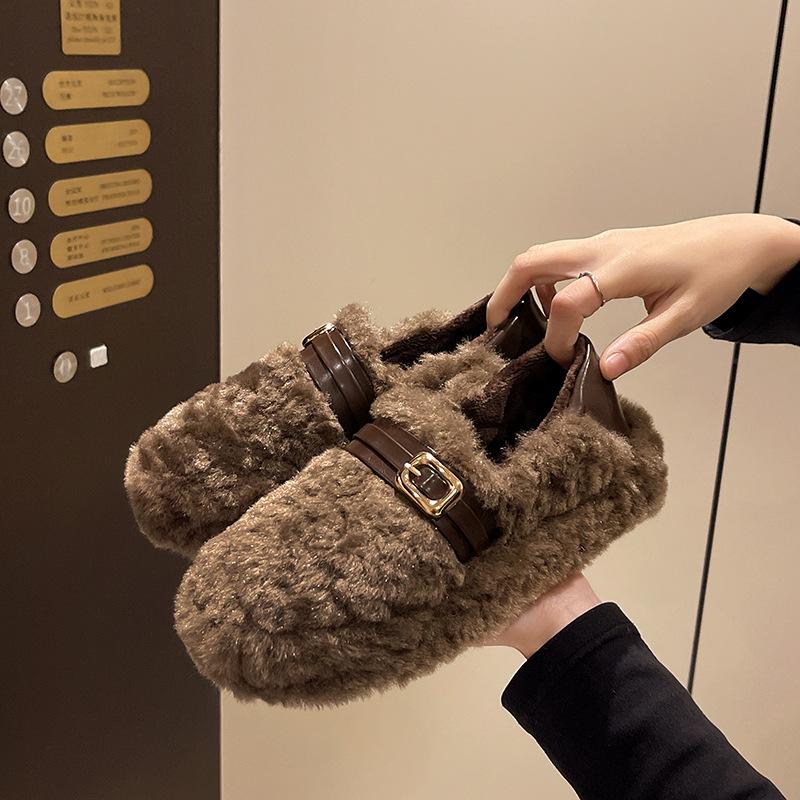 thick-soled fluffy shoes for women to wear outside autumn and winter new versatile one-pedal Doudou shoes with velvet cotton shoes