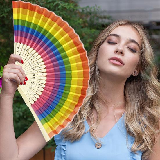 Rainbow Folding Fan Bamboo Ribs Hand Held Fan Portable Summer Fan Decoration Dance Performance Props Party Accessories