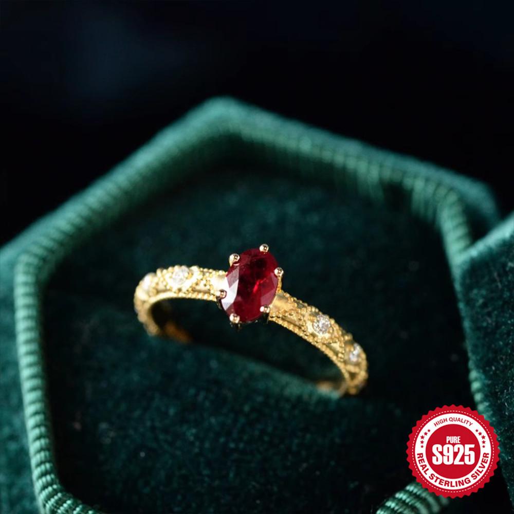 S925 Elegant Retro Court Style Simple Natural Ruby Light Luxury Egg-Shaped Gold-Plated Opening Ring Adjustable