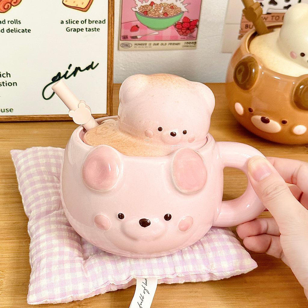 Cute Bear Ceramic Mug, Birthday Gift Cup, Gift Box for Girlfriends, Water Cup, Household Couple Cup with Lid
