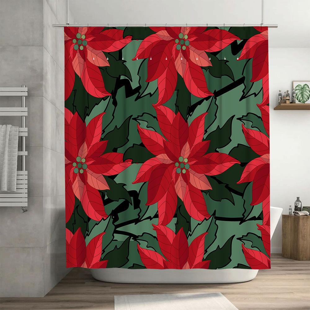 Red Flower Print Shower Curtain Waterproof Bathroom Decor Home Decoration Customizable Size for Bathtub or Tiled Wall Hanging