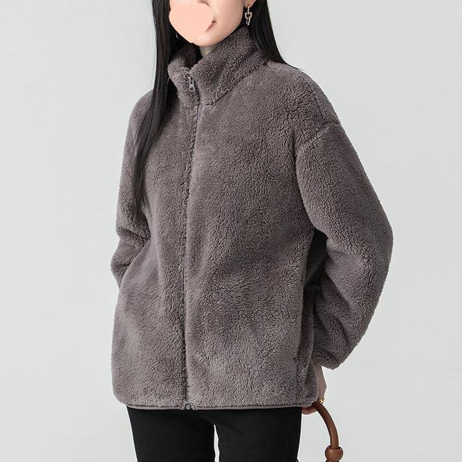 Women's Gray Double-Sided Fleece Hoodie Jacket, Plus Velvet, Thickened, Windproof Stand Collar, Long Sleeve, Warm Outerwear for Autumn/Winter