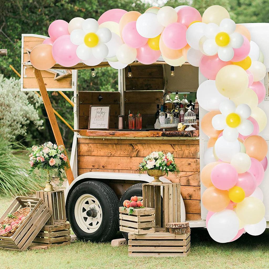 Bohemian Wedding Balloon Arch Small Daisy Balloon Wreath Pink And White Orange Birthday Balloon Background Arrangement