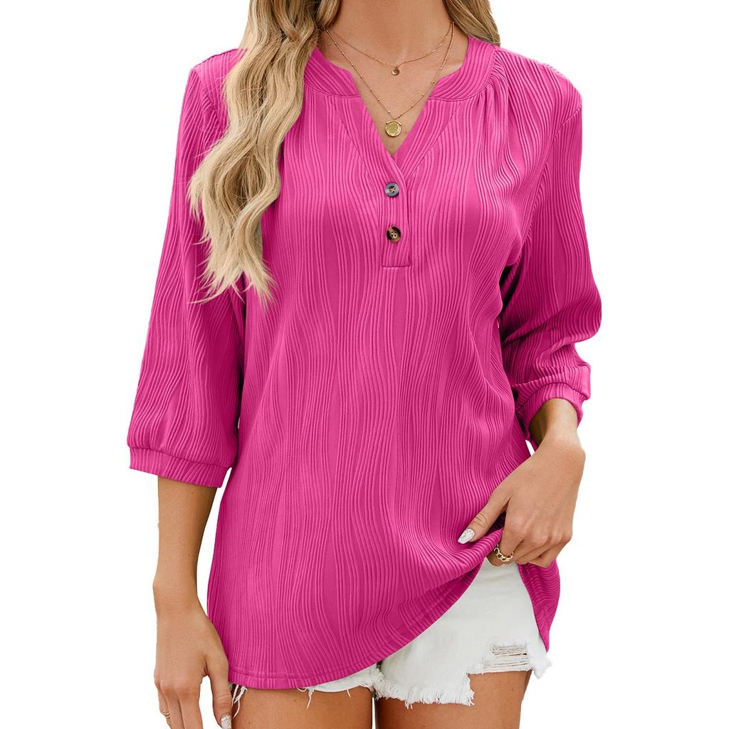 Spring Summer New Women's Solid Color V-Neck Loose Buttoned Half Sleeve T-Shirt Top Leisure Trade Europe America