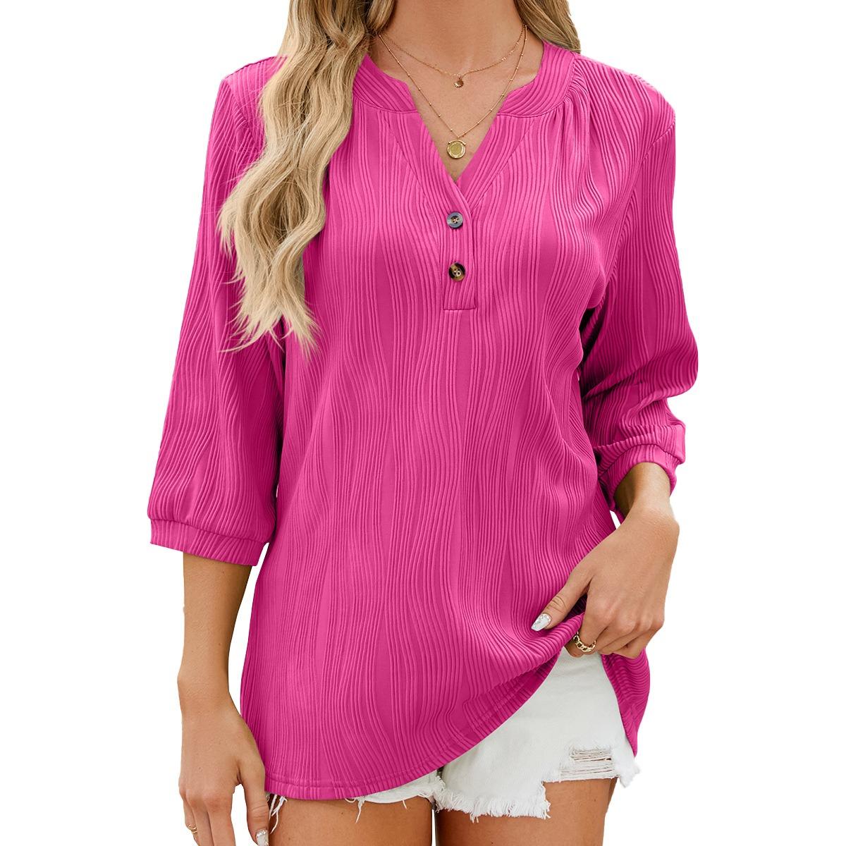 

Spring Summer New Women s Solid Color V-Neck Loose Buttoned Half Sleeve T-Shirt Top for Cross-Border Trade Europe America S барби розовый