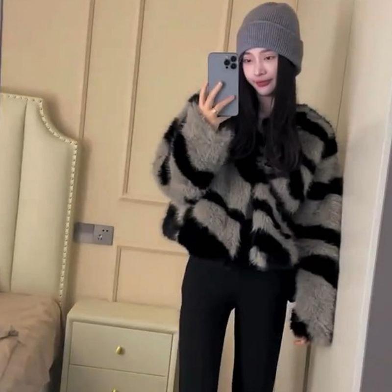 Ebra Pattern Fur Acket Imitation Fox Hair Short Small Fragrant Style Fashion Temperament Plush Cardigan Top