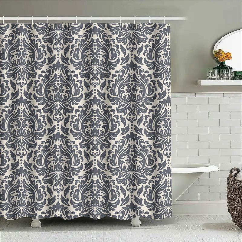 Classy Damask Shower Curtain Dark Grey White Pattern For Bathroom Decor Waterproof Fabric Shower Panels With Rings Set