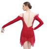 Womens Long Sleeve Bodysuit Dress Rhinestones Sheer Mesh Hem Buttoned Crotch Latin Dance Wear