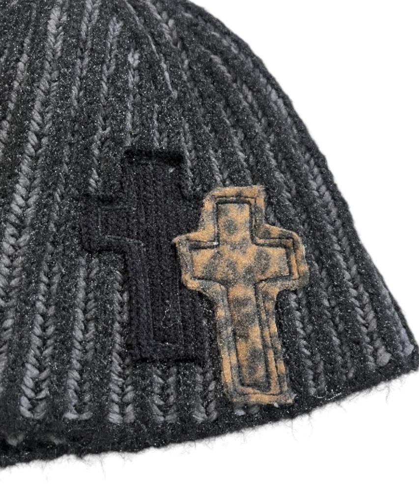 SK8ER ROCK Tone On Tone Cross Beanie ((Black))